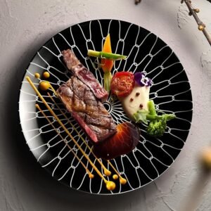 Black White Grid Ceramic Plates, Set of 6