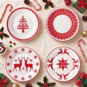 Red Christmas Ceramic Plates, Set of 4