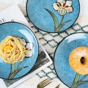 Blue Floral Ceramic Plates, Set of 4
