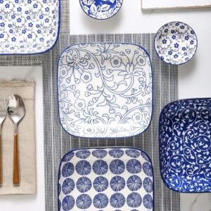 Vintage Blue Square Ceramic Plates, Set of 6