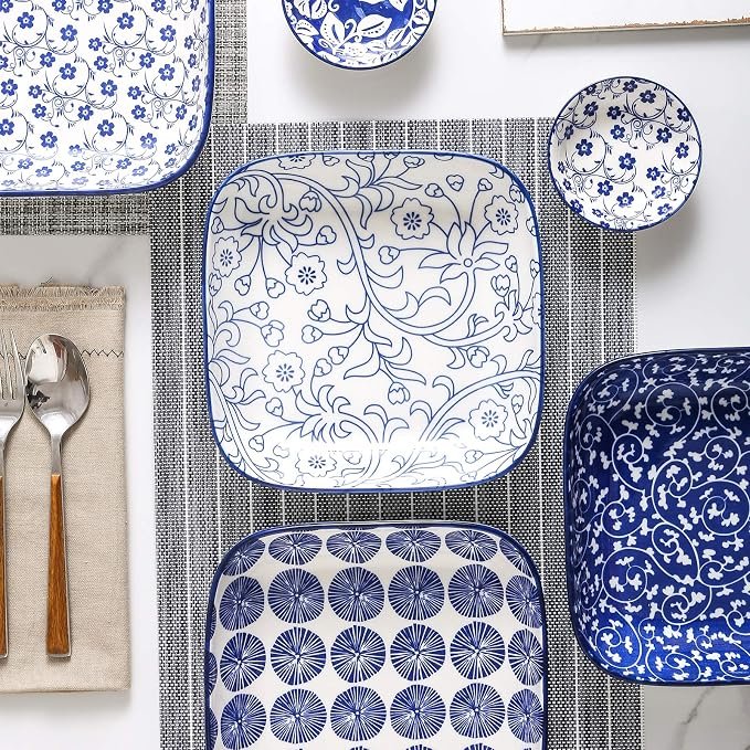 Vintage Blue Square Ceramic Plates, Set of 6